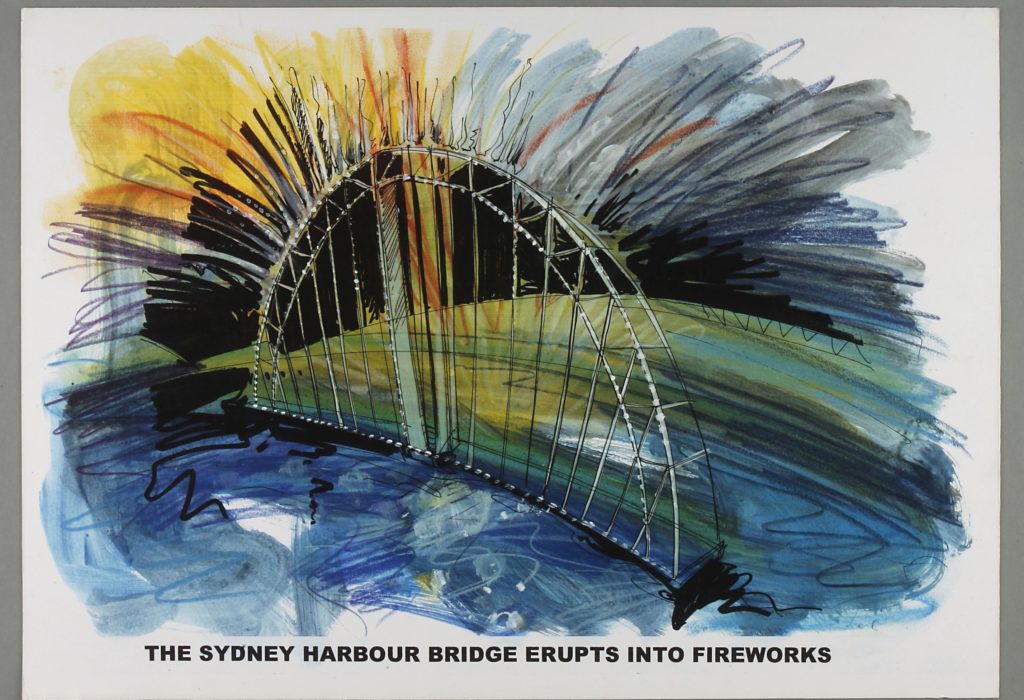 Sketch showing idea for opening of the Sydney Olympics. The Sydney Harbour Bridge shape with yellow fireworks against a blue green background. .